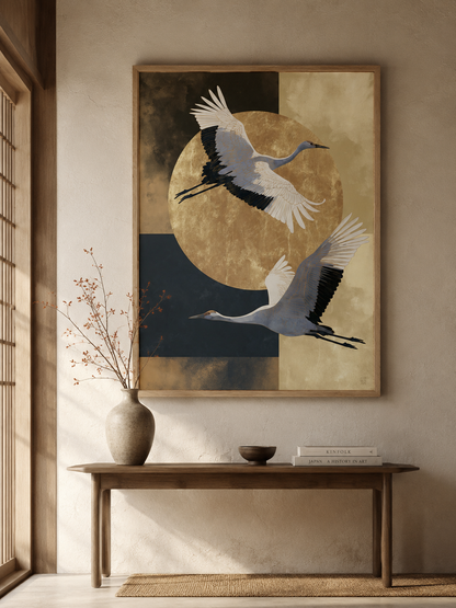 Japanse Kraanvogelkunstprint - Wall Art Decor - lifestyle shot - japanese crane art print, gold crane wall art