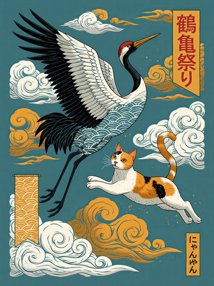 Japanese Crane Cat Poster - Wall Art Decor - front view - japanese crane cat poster, crane cat wall art