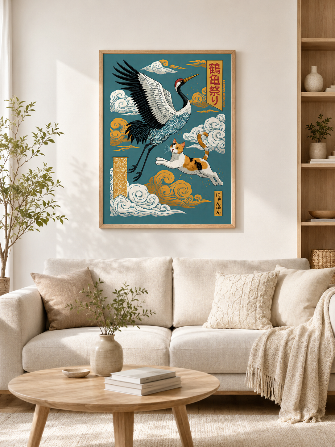 Japanese Crane Cat Poster - Wall Art Decor - detail view - japanese crane cat poster, crane cat wall art