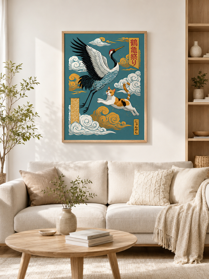 Japanese Crane Cat Poster - Wall Art Decor - detail view - japanese crane cat poster, crane cat wall art