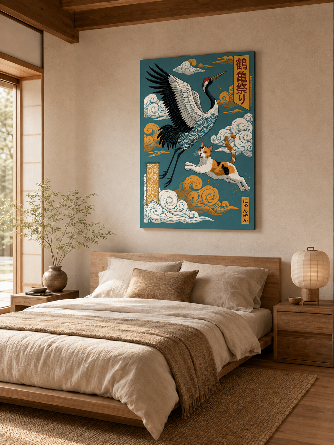 Japanese Crane Cat Poster - Wall Art Decor - lifestyle shot - japanese crane cat poster, crane cat wall art