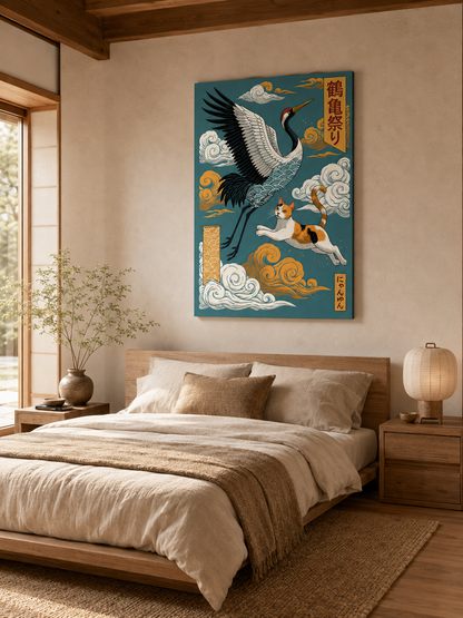 Japanese Crane Cat Poster - Wall Art Decor - lifestyle shot - japanese crane cat poster, crane cat wall art