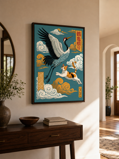 Japanese Crane Cat Poster - Wall Art Decor - alternate angle - japanese crane cat poster, crane cat wall art