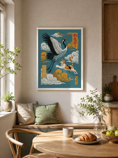 Japanese Crane Cat Poster - Wall Art Decor - packaging - japanese crane cat poster, crane cat wall art