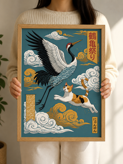 Japanese Crane Cat Poster - Wall Art Decor - front view - japanese crane cat poster, crane cat wall art