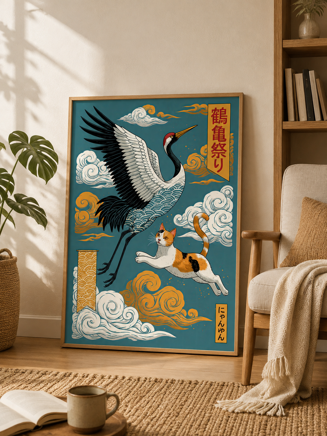 Japanese Crane Cat Poster - Wall Art Decor - detail view - japanese crane cat poster, crane cat wall art
