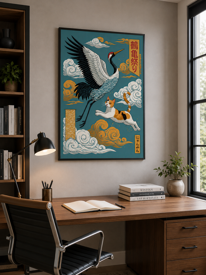 Japanese Crane Cat Poster - Wall Art Decor - lifestyle shot - japanese crane cat poster, crane cat wall art