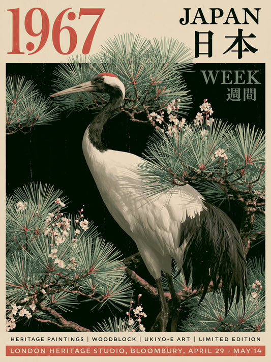 Japanese Crane Pine Poster - Wall Art Decor - front view - crane art print, red-crowned crane art
