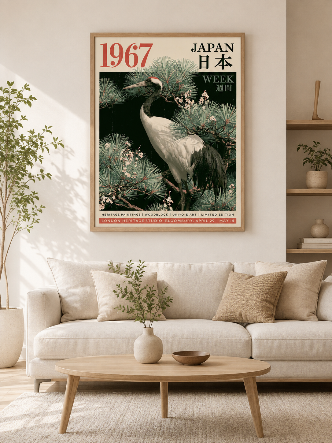 Japanese Crane Pine Poster - Wall Art Decor - detail view - crane art print, red-crowned crane art