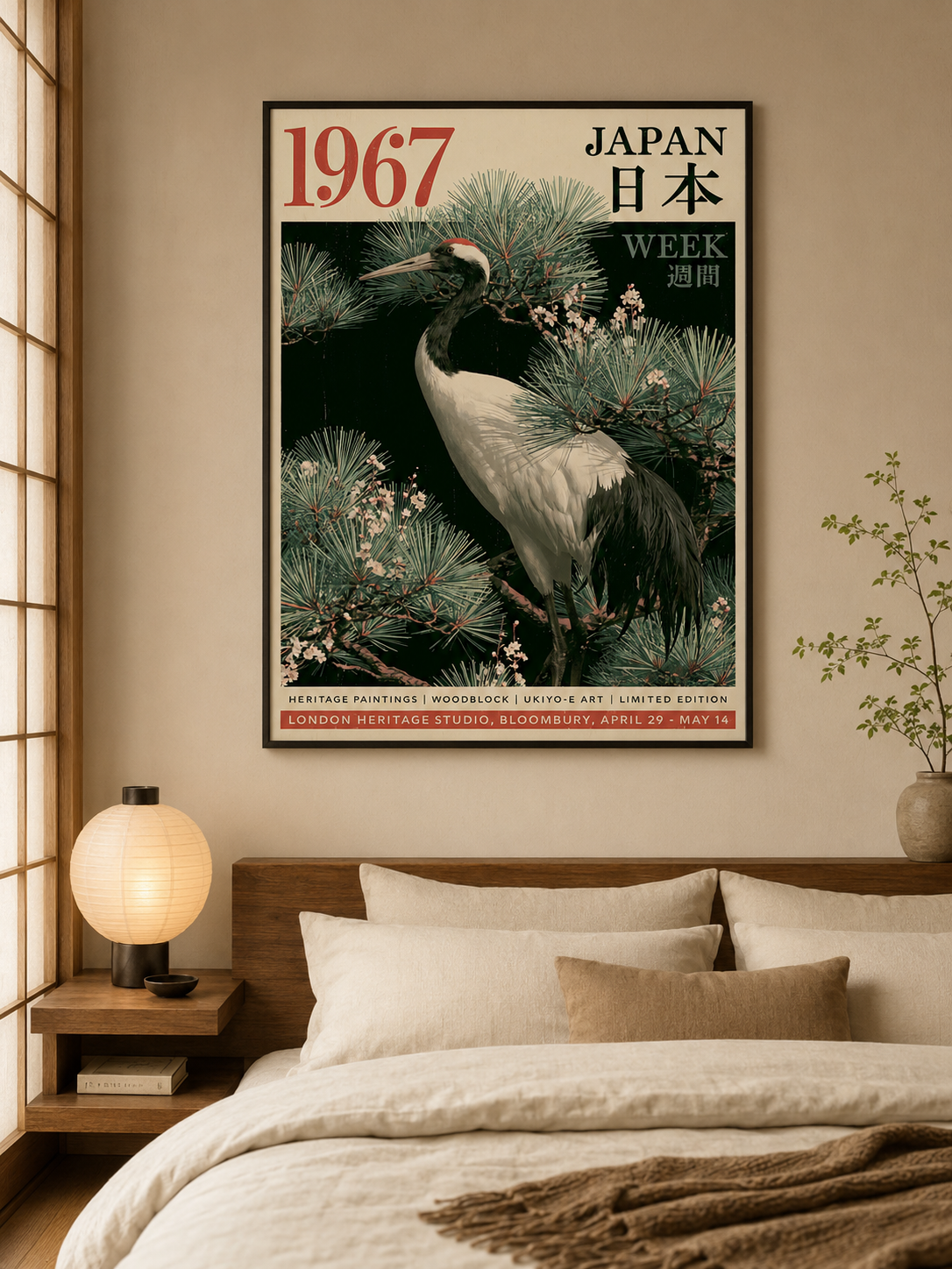 Japanese Crane Pine Poster - Wall Art Decor - lifestyle shot - crane art print, red-crowned crane art