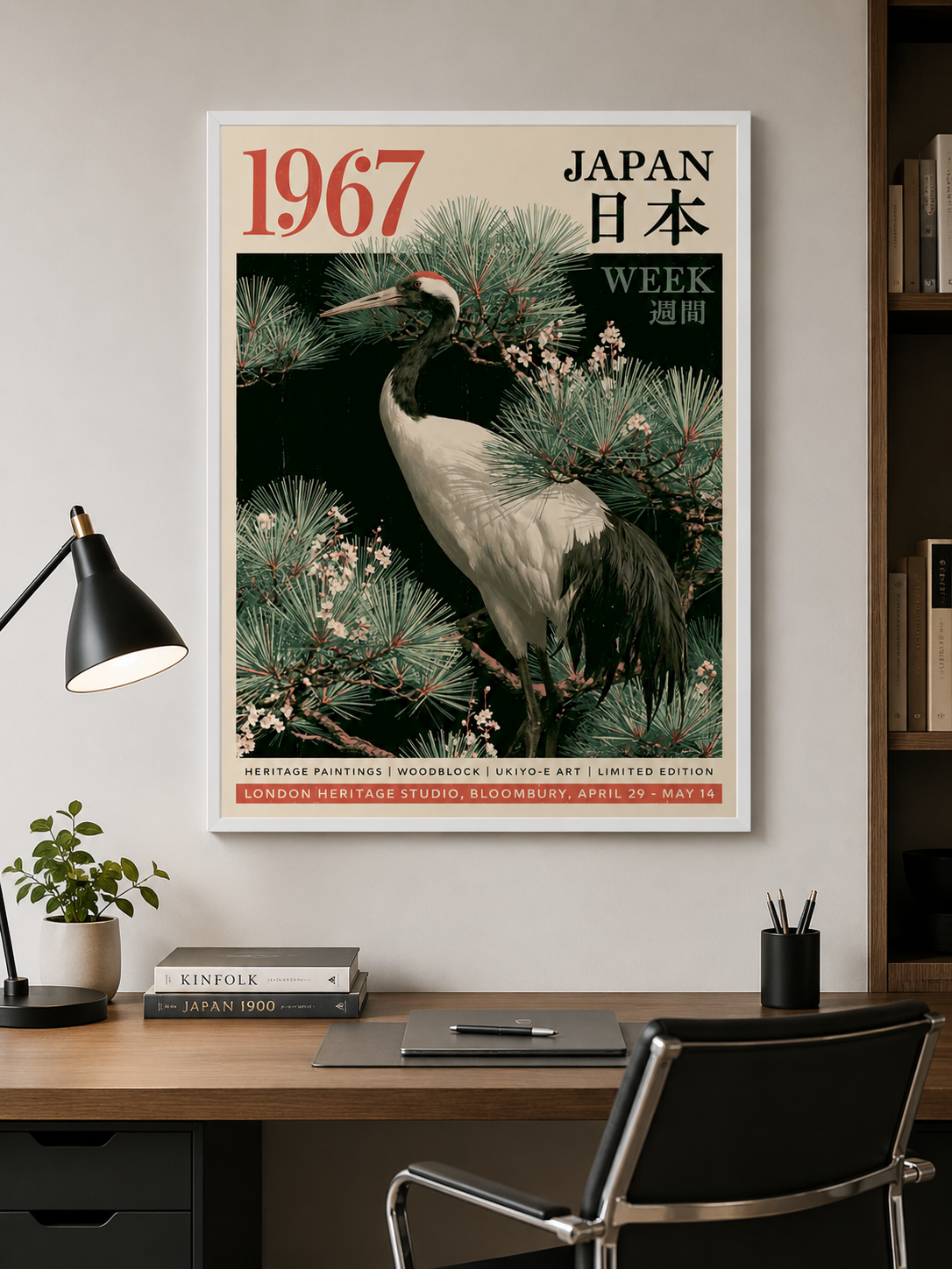 Japanese Crane Pine Poster - Wall Art Decor - close-up - crane art print, red-crowned crane art