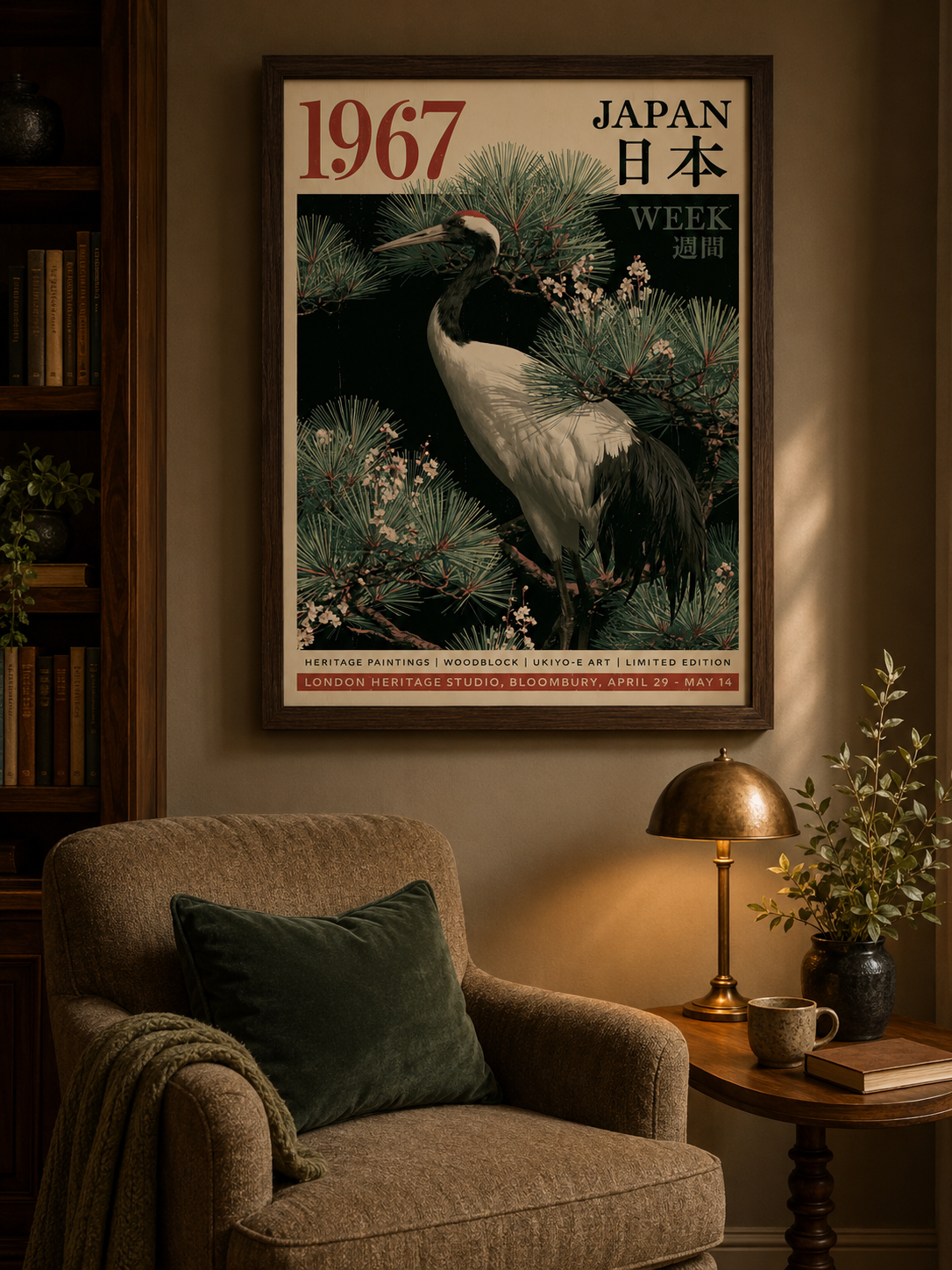 Japanese Crane Pine Poster - Wall Art Decor - alternate angle - crane art print, red-crowned crane art
