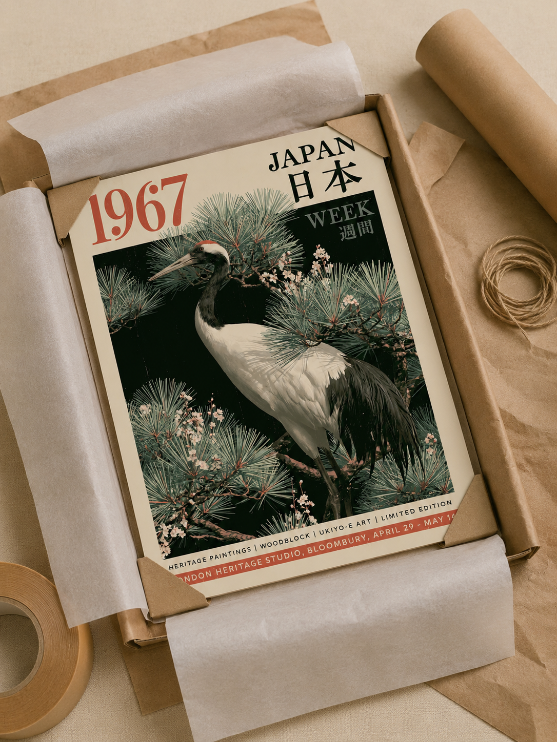 Japanese Crane Pine Poster - Wall Art Decor - detail view - crane art print, red-crowned crane art