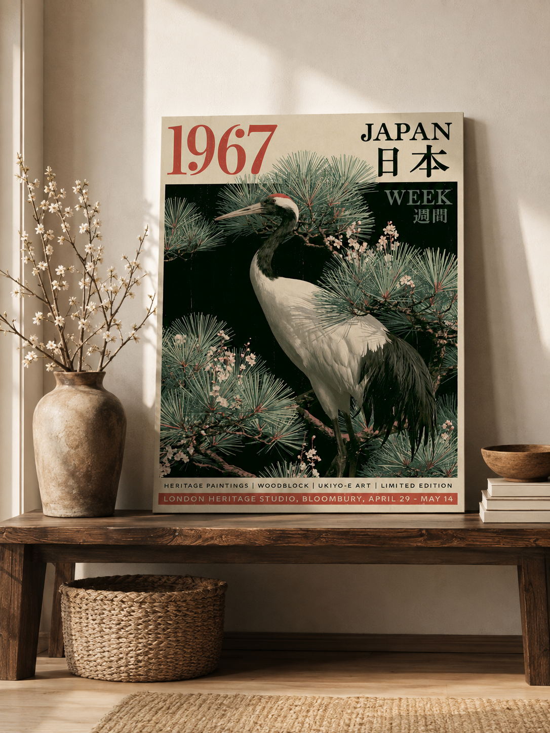 Japanese Crane Pine Poster - Wall Art Decor - lifestyle shot - crane art print, red-crowned crane art
