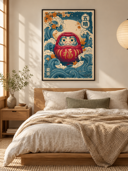 Japanese Daruma Poster - Wall Art Decor - lifestyle shot - japanese daruma poster, daruma doll wall art