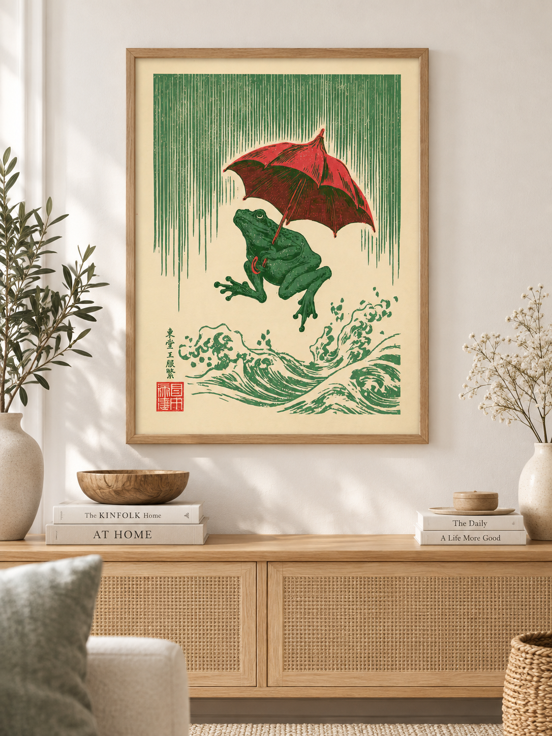Japanese Frog Art Print - Wall Art Decor - detail view - canvas print, framed wall art