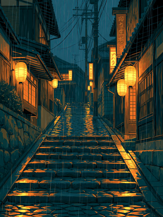 Ruelle Japonaise Nocturne Poster - Wall Art Decor - front view - japanese lantern street poster, japanese street wall art