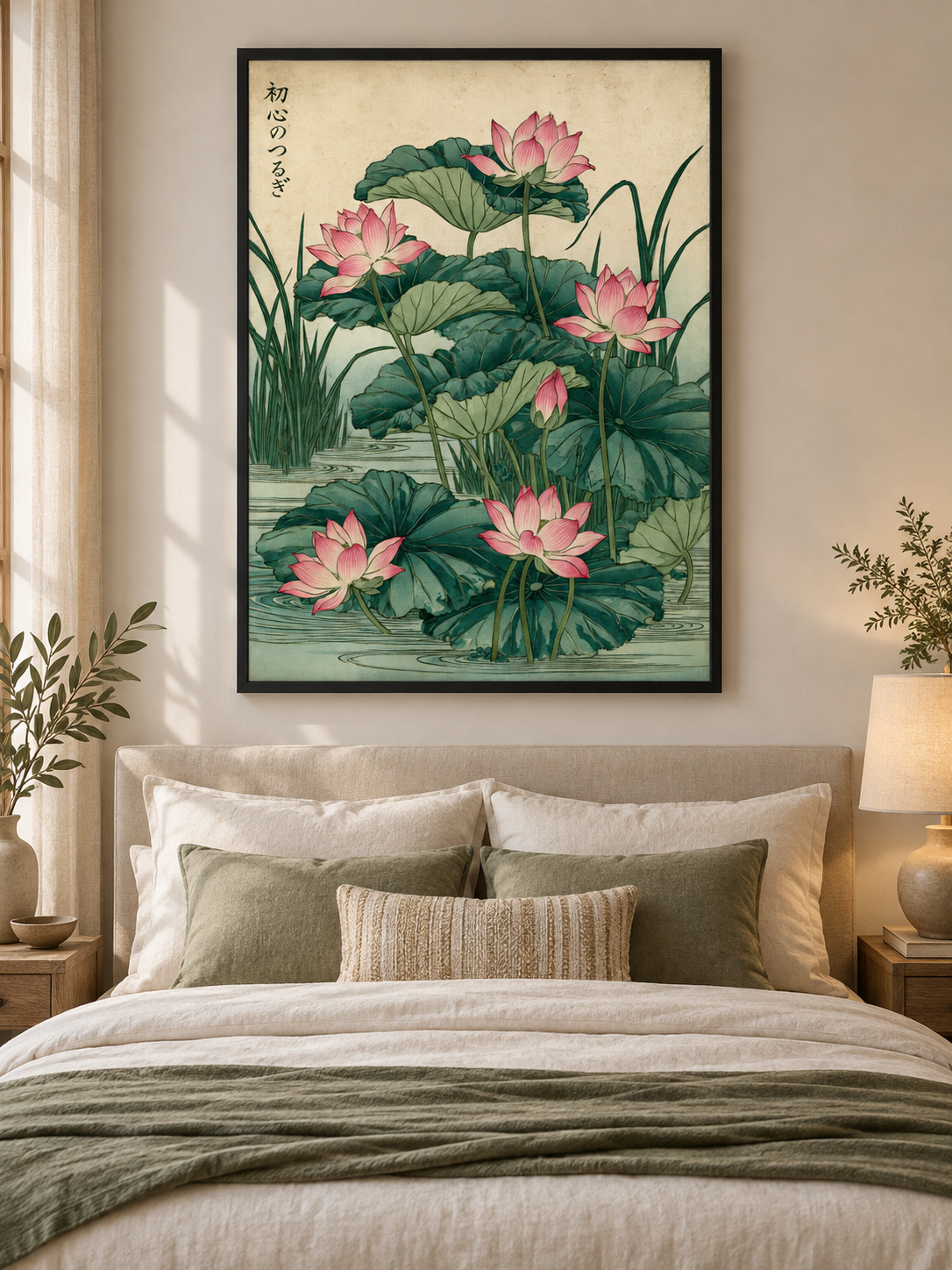 Japanese Lotus Art Print - Wall Art Decor - lifestyle shot - lotus flower wall art, pink botanical poster