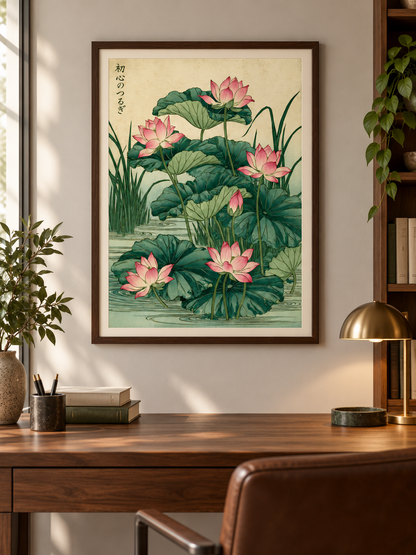 Japanese Lotus Art Print - Wall Art Decor - alternate angle - lotus flower wall art, pink botanical poster