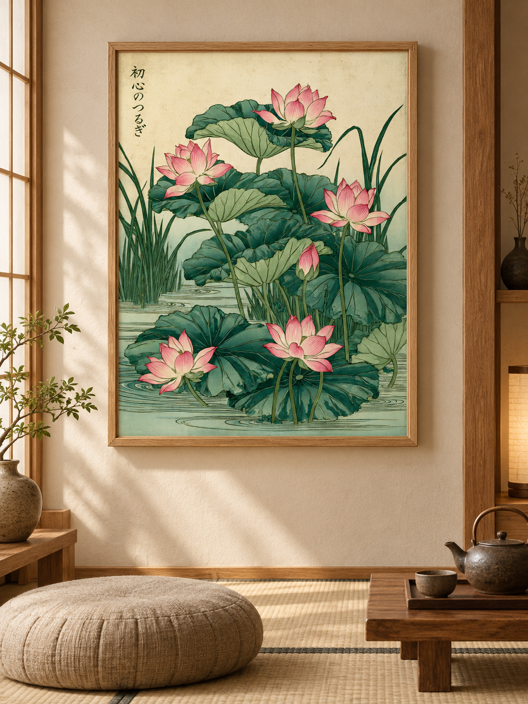 Japanese Lotus Art Print - Wall Art Decor - front view - lotus flower wall art, pink botanical poster