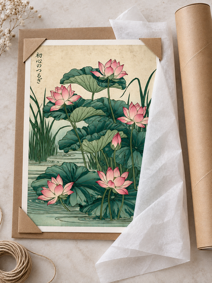 Japanese Lotus Art Print - Wall Art Decor - lifestyle shot - lotus flower wall art, pink botanical poster
