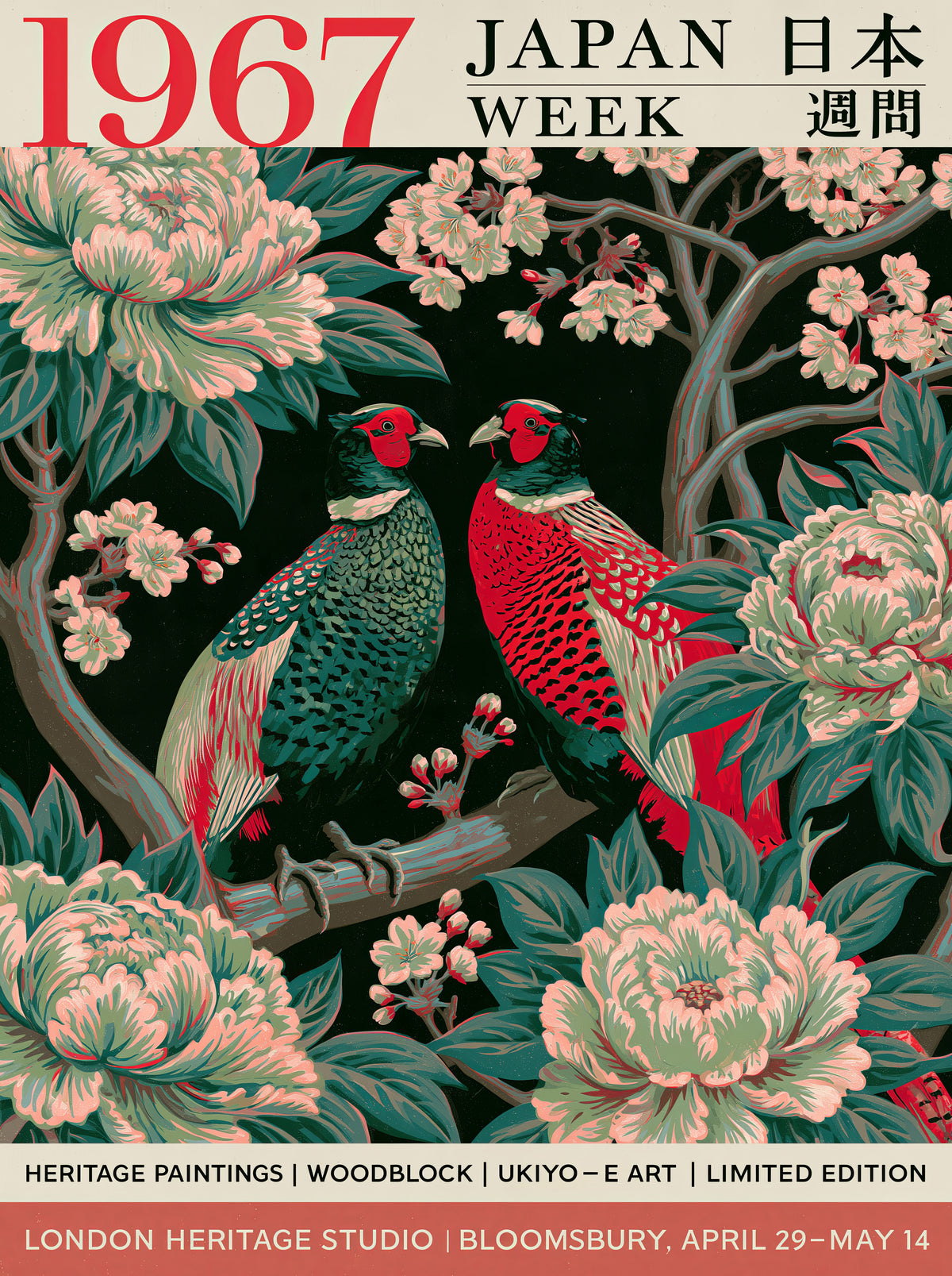 Japanese Pheasant Vintage Poster - Wall Art Decor - front view - green floral wall art, green pheasant decor