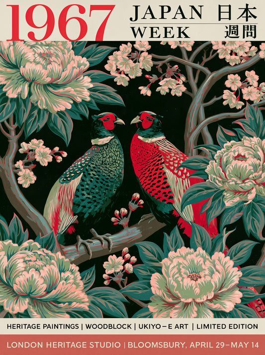 Japanese Pheasant Vintage Poster - Wall Art Decor - front view - green floral wall art, green pheasant decor