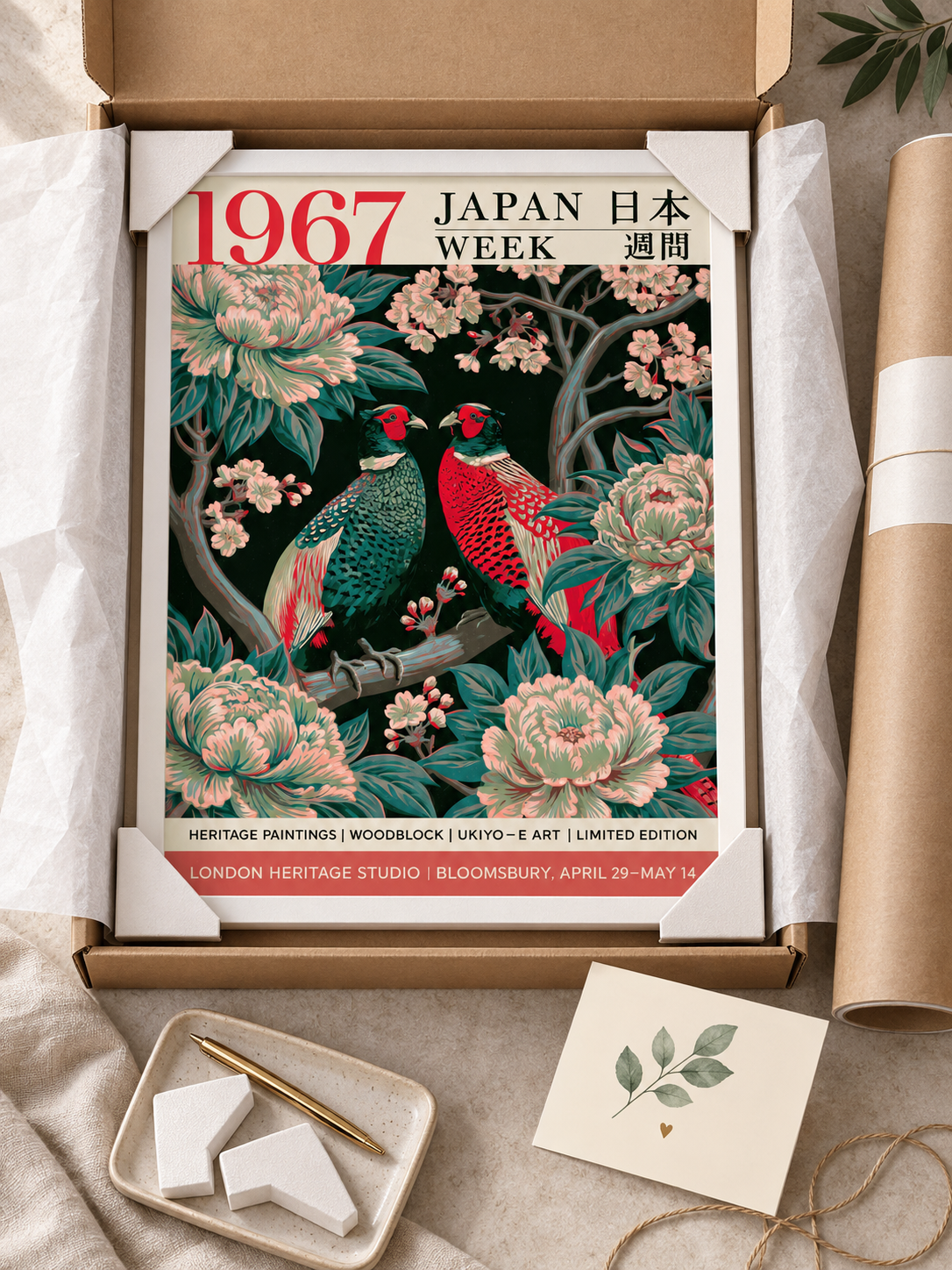 Japanese Pheasant Vintage Poster - Wall Art Decor - close-up - green floral wall art, green pheasant decor