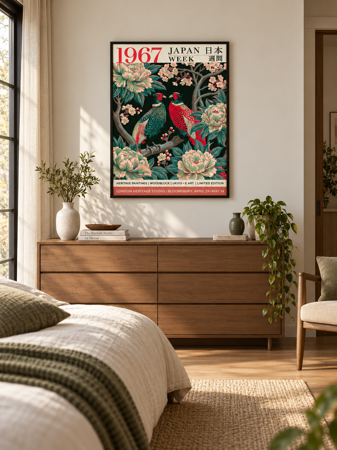 Japanese Pheasant Vintage Poster - Wall Art Decor - lifestyle shot - green floral wall art, green pheasant decor