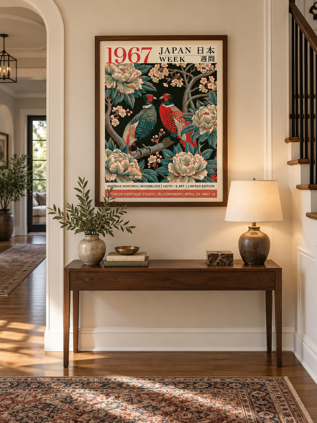 Japanese Pheasant Vintage Poster - Wall Art Decor - alternate angle - green floral wall art, green pheasant decor