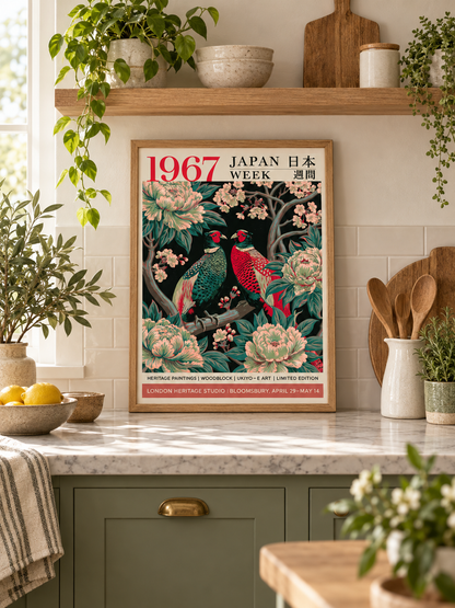Japanese Pheasant Vintage Poster - Wall Art Decor - packaging - green floral wall art, green pheasant decor