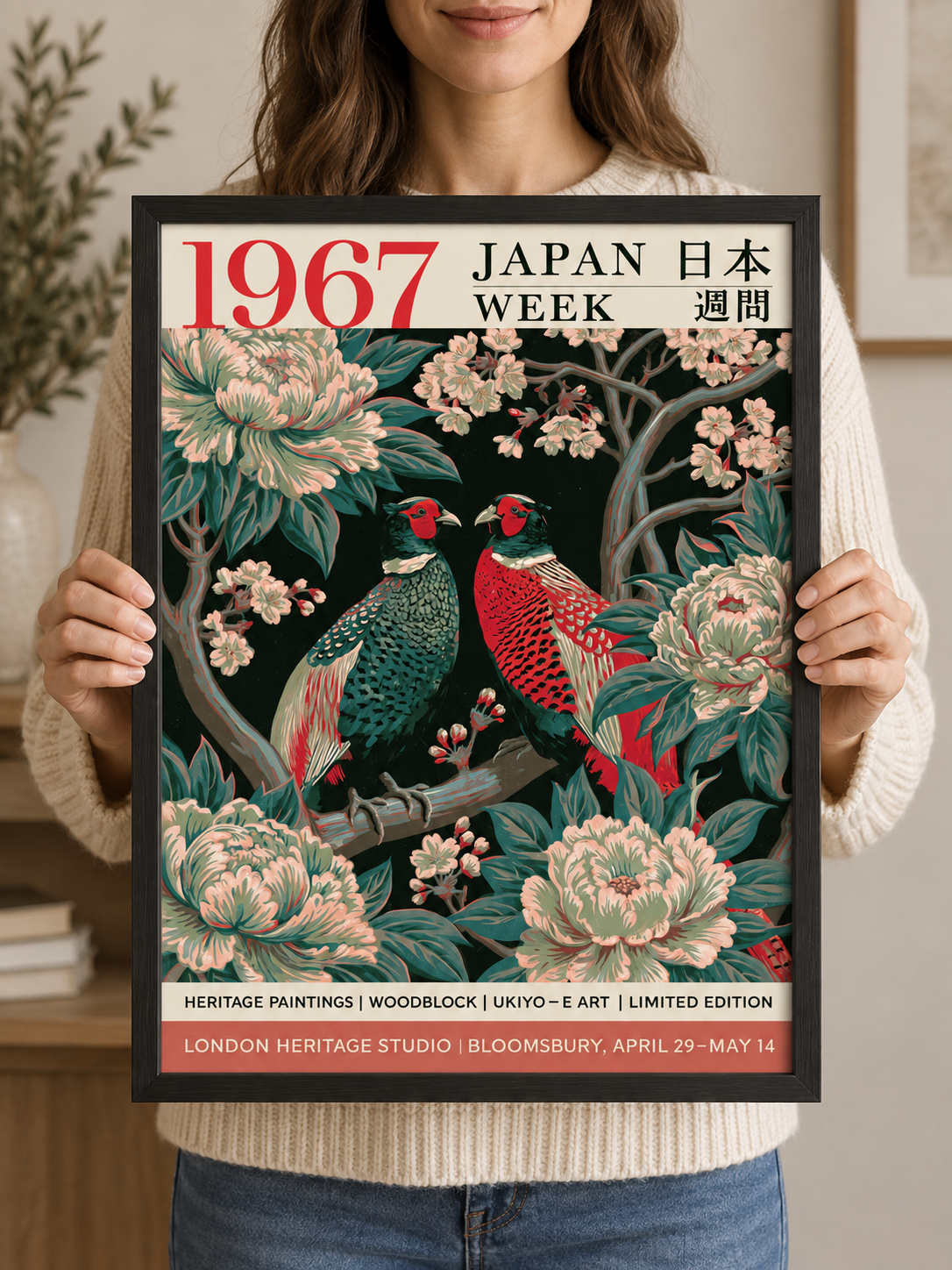 Japanese Pheasant Vintage Poster - Wall Art Decor - front view - green floral wall art, green pheasant decor
