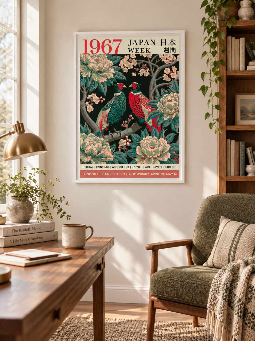 Japanese Pheasant Vintage Poster - Wall Art Decor - detail view - green floral wall art, green pheasant decor