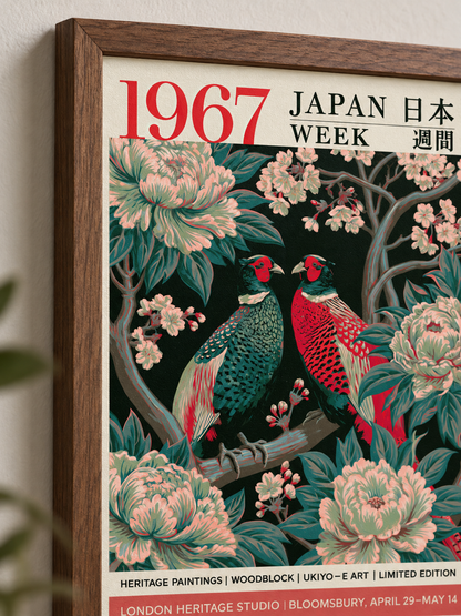 Japanese Pheasant Vintage Poster - Wall Art Decor - lifestyle shot - green floral wall art, green pheasant decor
