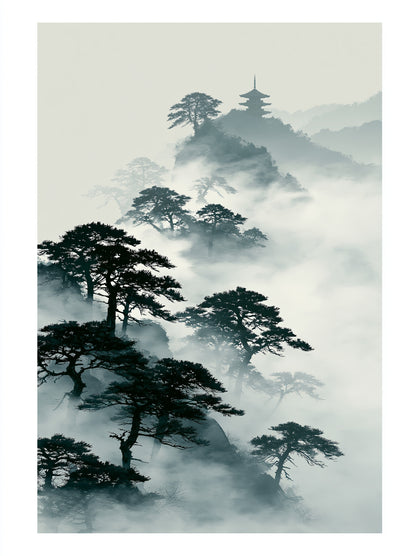 Pagode Sumi-e Affiche - Wall Art Decor - front view - japanese pine art print, misty mountain wall art