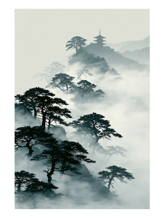 Pagode Sumi-e Affiche - Wall Art Decor - front view - japanese pine art print, misty mountain wall art