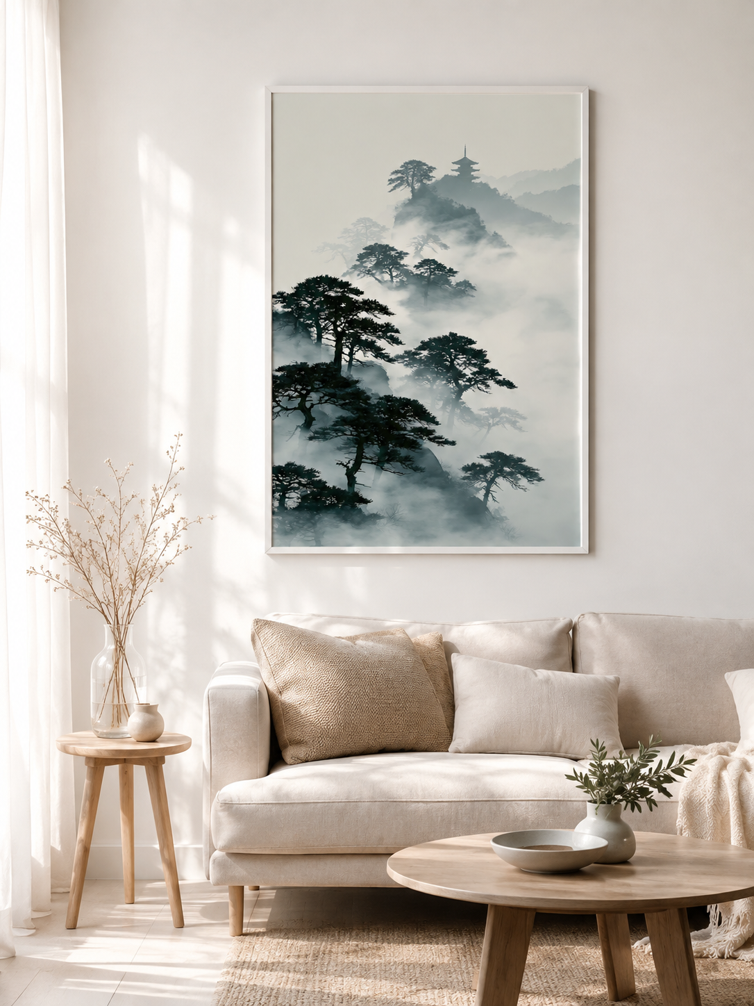 Pagode Sumi-e Affiche - Wall Art Decor - close-up - japanese pine art print, misty mountain wall art
