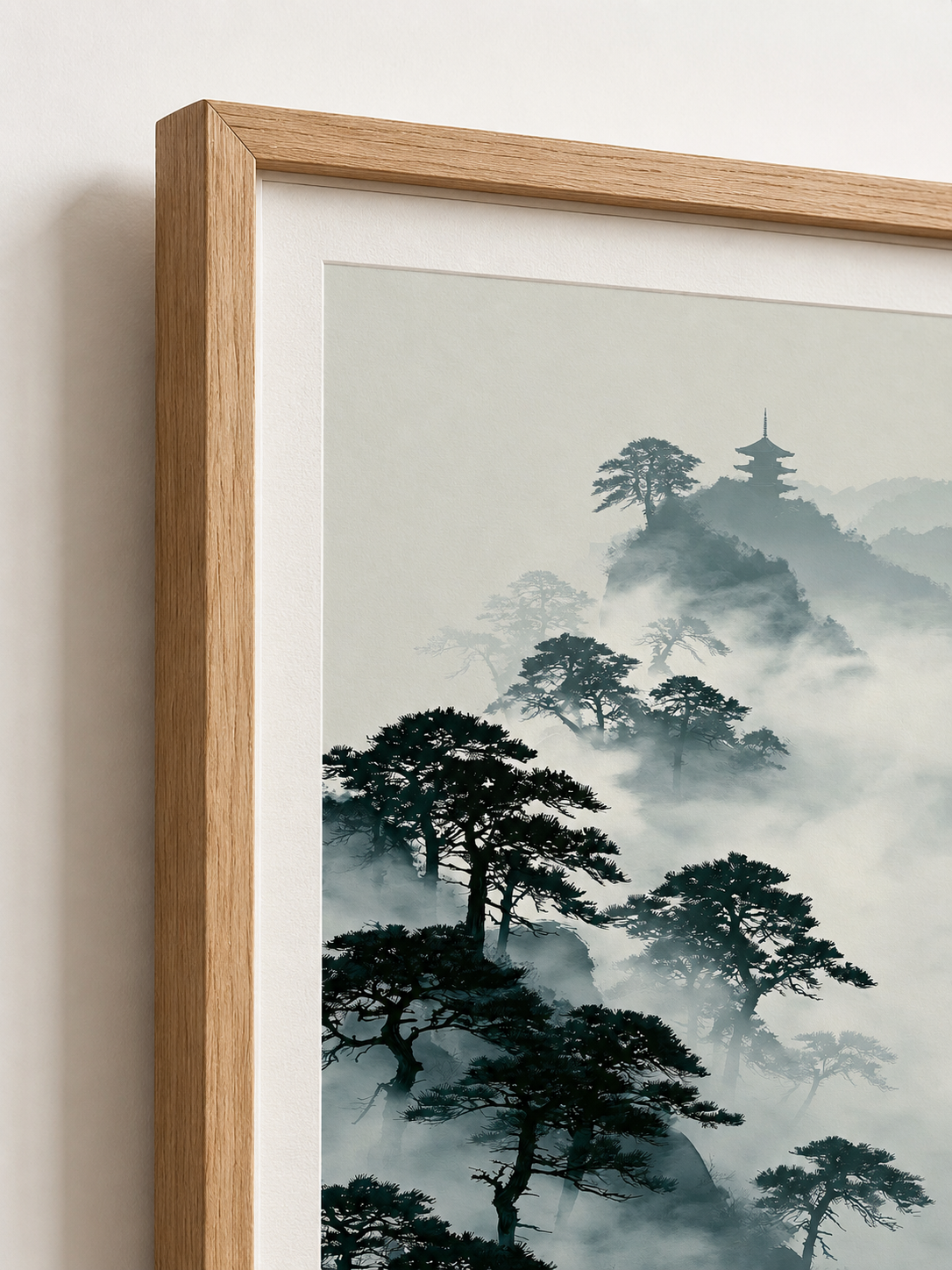 Pagode Sumi-e Affiche - Wall Art Decor - alternate angle - japanese pine art print, misty mountain wall art