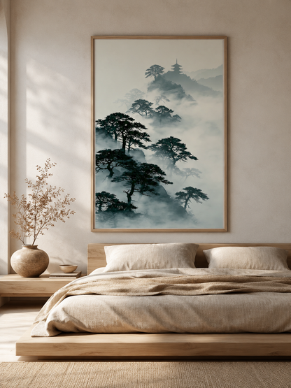 Pagode Sumi-e Affiche - Wall Art Decor - detail view - japanese pine art print, misty mountain wall art