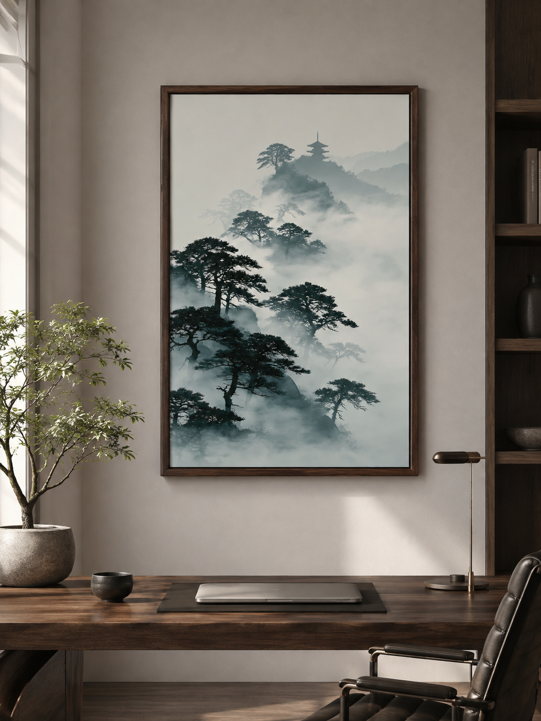 Pagode Sumi-e Affiche - Wall Art Decor - lifestyle shot - japanese pine art print, misty mountain wall art