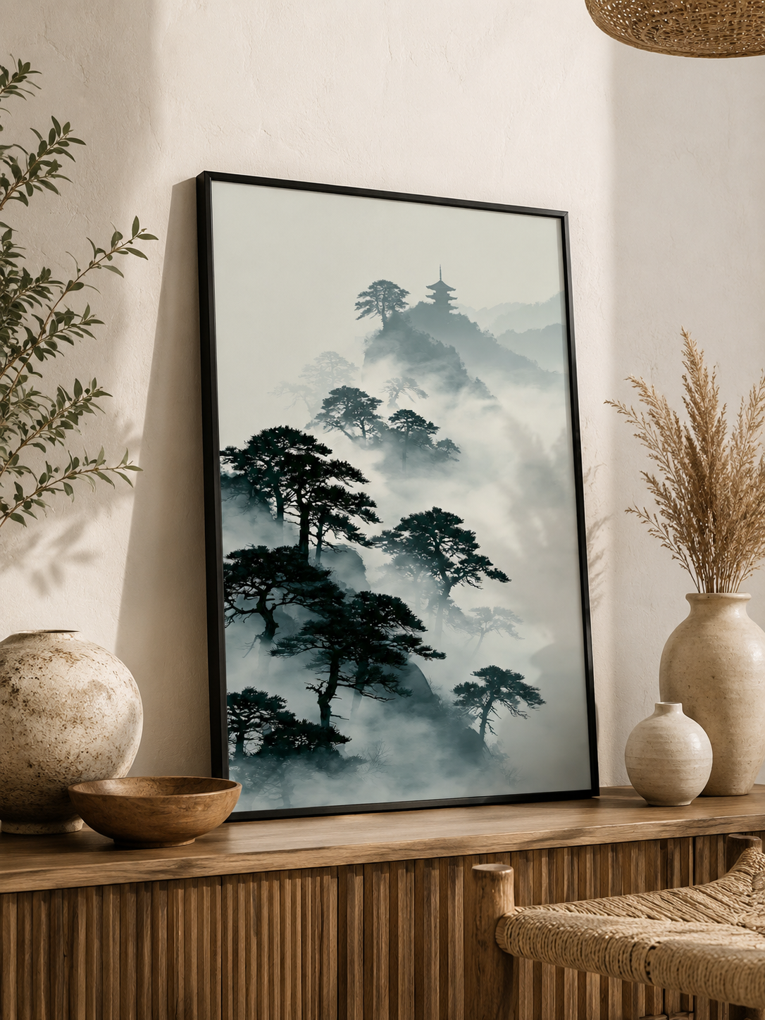 Pagode Sumi-e Affiche - Wall Art Decor - close-up - japanese pine art print, misty mountain wall art