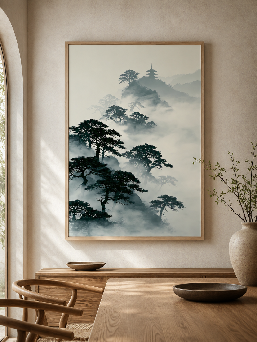 Pagode Sumi-e Affiche - Wall Art Decor - alternate angle - japanese pine art print, misty mountain wall art