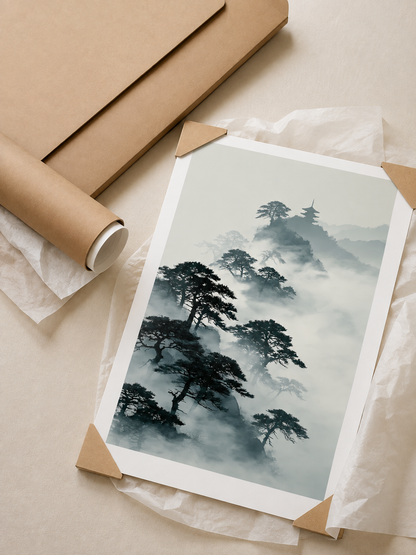 Pagode Sumi-e Affiche - Wall Art Decor - packaging - japanese pine art print, misty mountain wall art