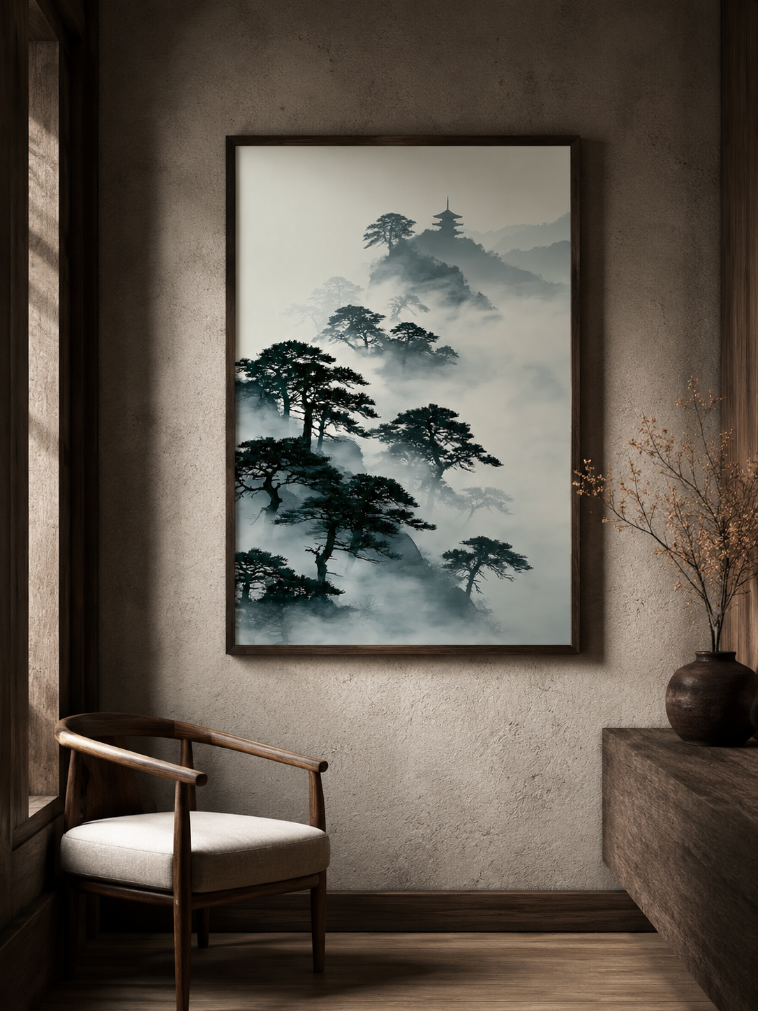 Pagode Sumi-e Affiche - Wall Art Decor - front view - japanese pine art print, misty mountain wall art