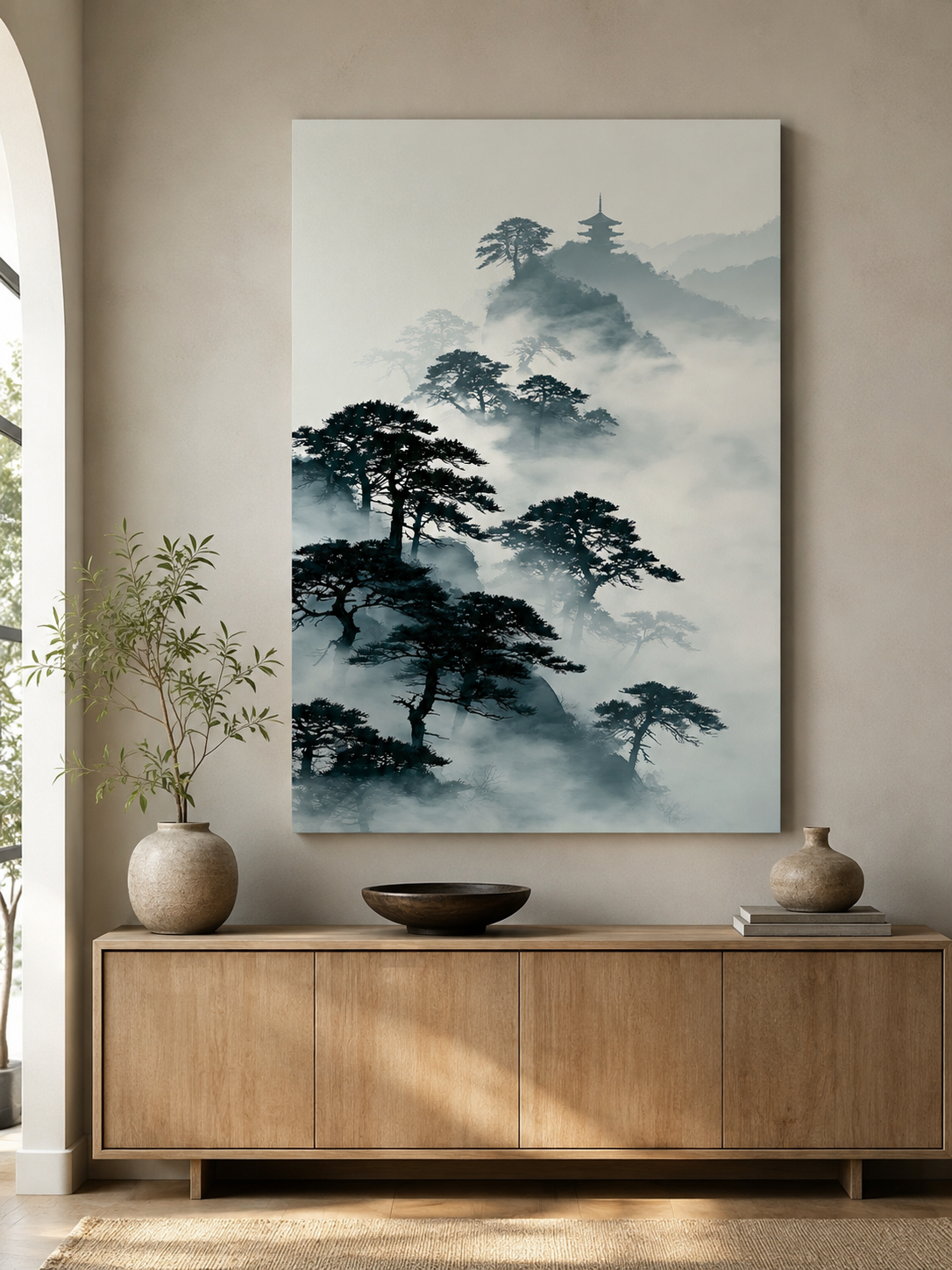 Pagode Sumi-e Affiche - Wall Art Decor - detail view - japanese pine art print, misty mountain wall art
