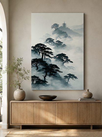 Pagode Sumi-e Affiche - Wall Art Decor - detail view - japanese pine art print, misty mountain wall art