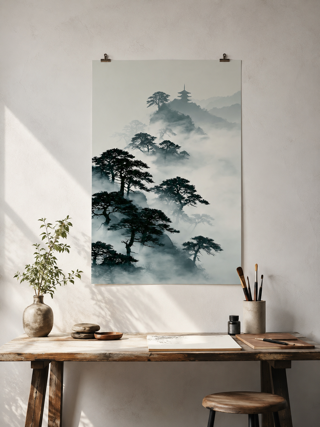 Pagode Sumi-e Affiche - Wall Art Decor - lifestyle shot - japanese pine art print, misty mountain wall art
