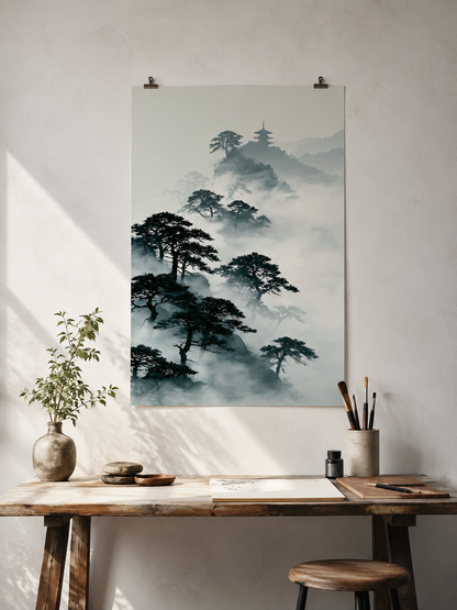 Pagode Sumi-e Affiche - Wall Art Decor - lifestyle shot - japanese pine art print, misty mountain wall art