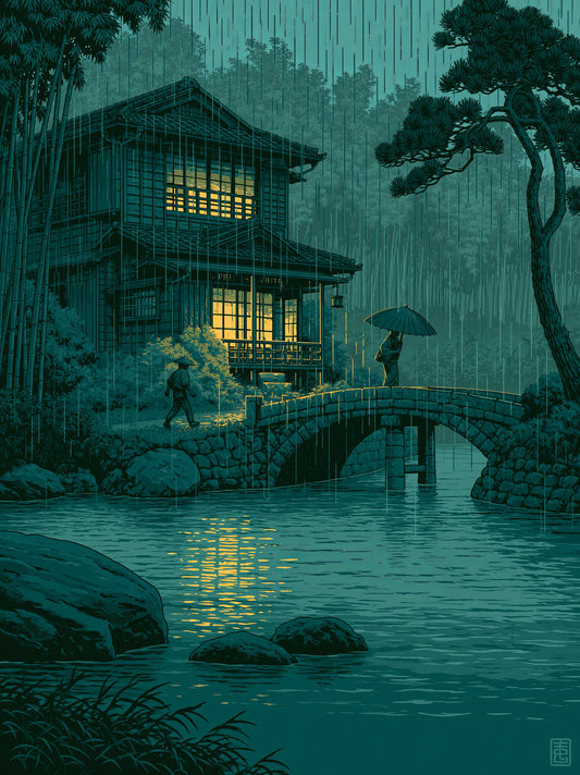Paisaje Japonés en Póster - Wall Art Decor - front view - japanese rainy night poster, japanese rain wall art