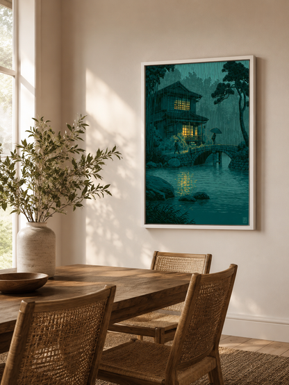Paisaje Japonés en Póster - Wall Art Decor - lifestyle shot - japanese rainy night poster, japanese rain wall art